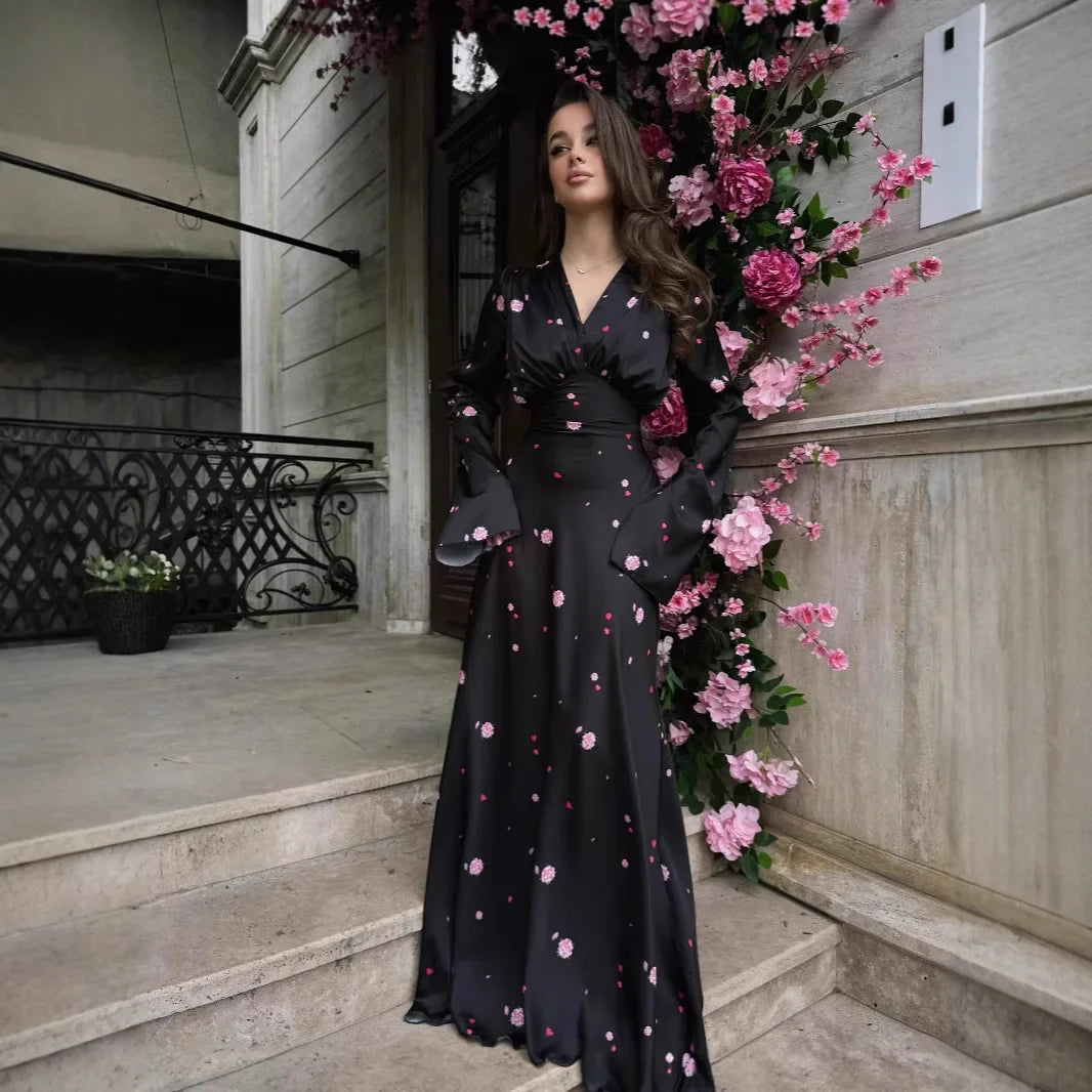 2025 Autumn Elegant Printed Satin Long Dress Women Slim Lace Up V-neck Full Sleeve Pleat Dresses Lady Party Evening Robes New by Reinvent Yourself