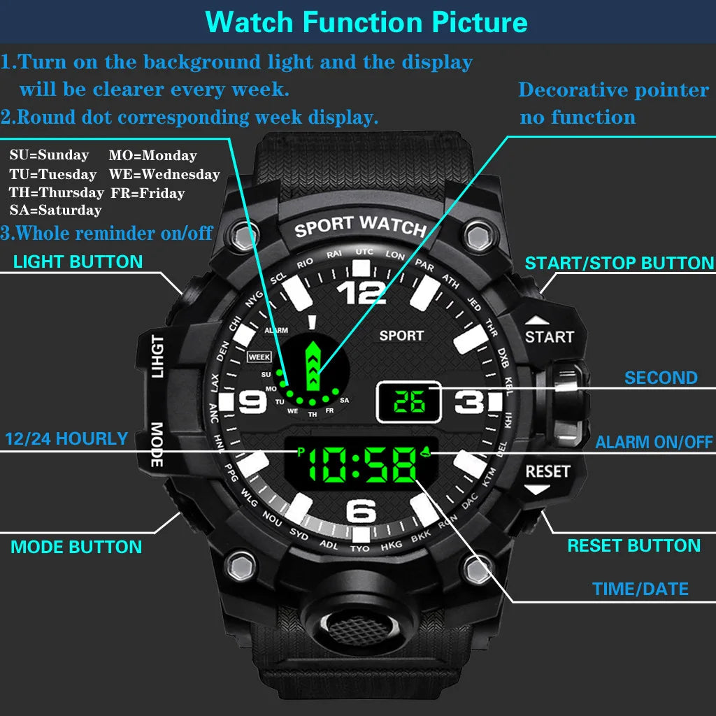 Fashion Men's Watch Sports Electronic Wristwatch Large dial Multifunctional Waterproof Luminous Alarm Kids Male's Military Watch by Reinvent Yourself