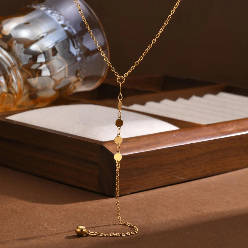 Lariat Necklace, Tiny Ball Pendant Y Drop Long Necklace For Women, Stainless Steel Gold Plated Jewelry Party Gifts by Reinvent Yourself