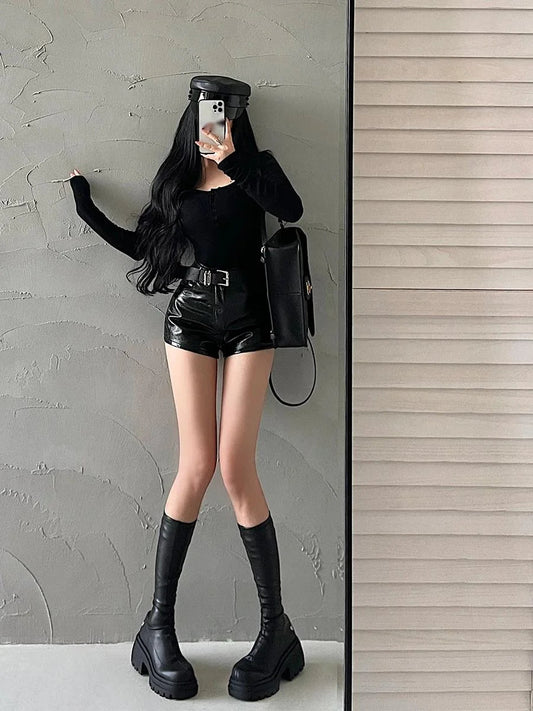 WOMENGAGA American Spicy Girl Shorts Sexy High Waist Tight Slim PU Leather Shorts Hot With Belt Trendy Fashion Spice Girls Y7EK by Reinvent Yourself