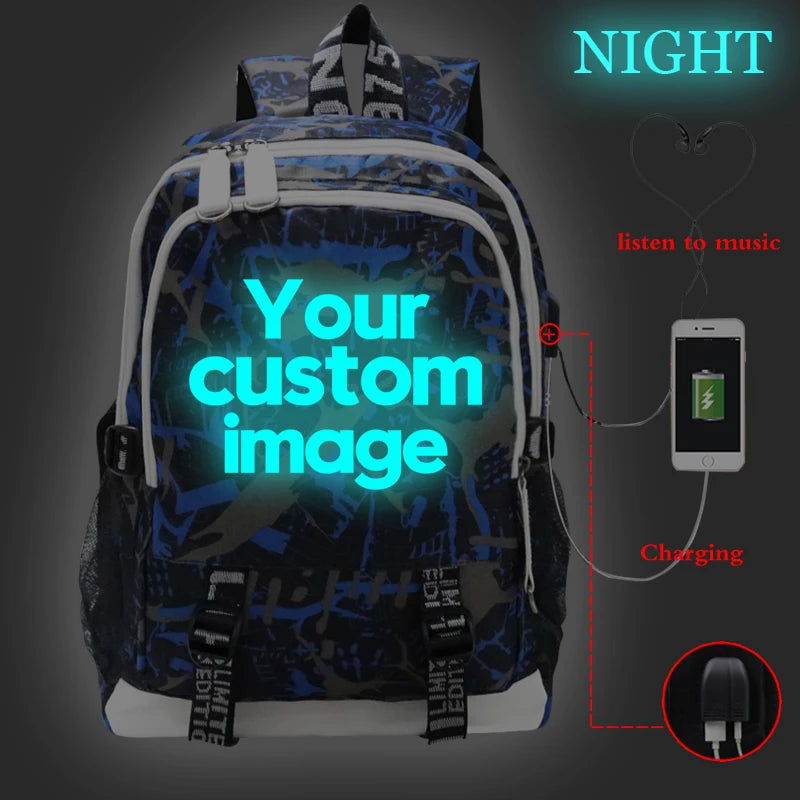 2022 Customize Your Logo Image School Bags Luminous Backpack Laptop Bag USB Charging Bookbag Teen Girls Backpacks Women Rucksack by Reinvent Yourself