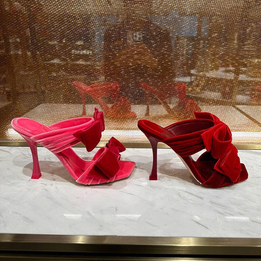 Bow Sugar Pink Pile Sandals 2024 New Lady Sandals Square Toe Open Toe Stiletto Black Heels by Reinvent Yourself