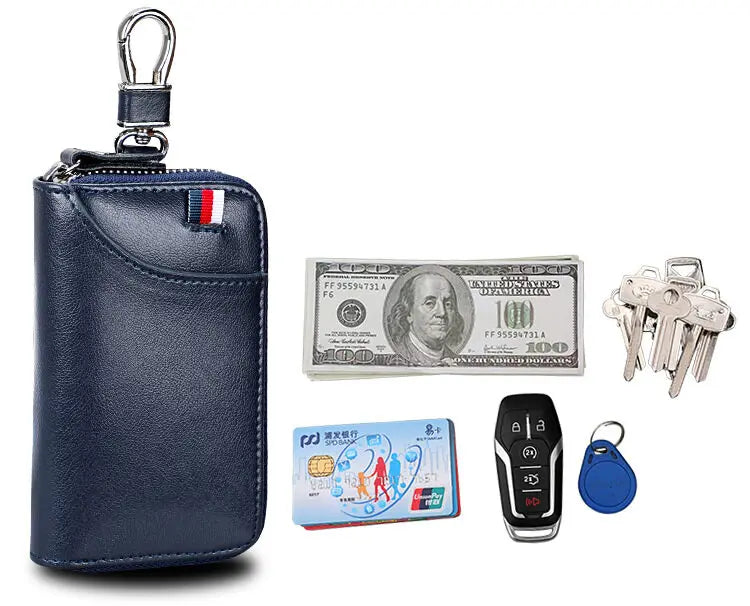 Cowhide Car Key Bag with Waist Hanging Keychain Men and Women Card Holder Smart Housekeeper Keys Portable Storage Zipper Pouch by Reinvent Yourself