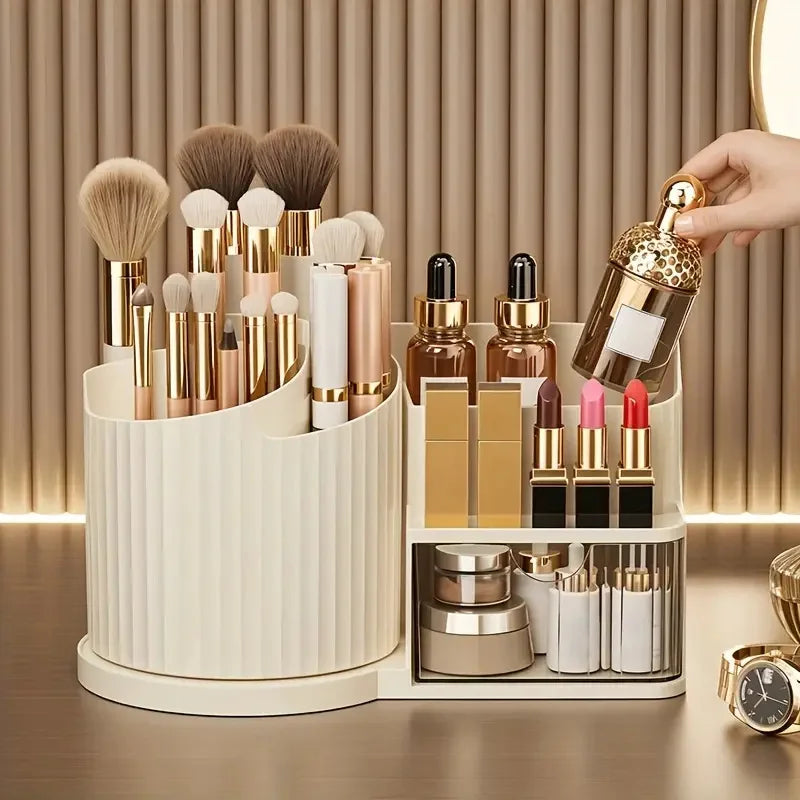 360° Rotating Makeup Organizer with Brush Holder & Drawer Desktop Large Capacity Skincare Cosmetic Tools Lipstick Display Cases by Reinvent Yourself