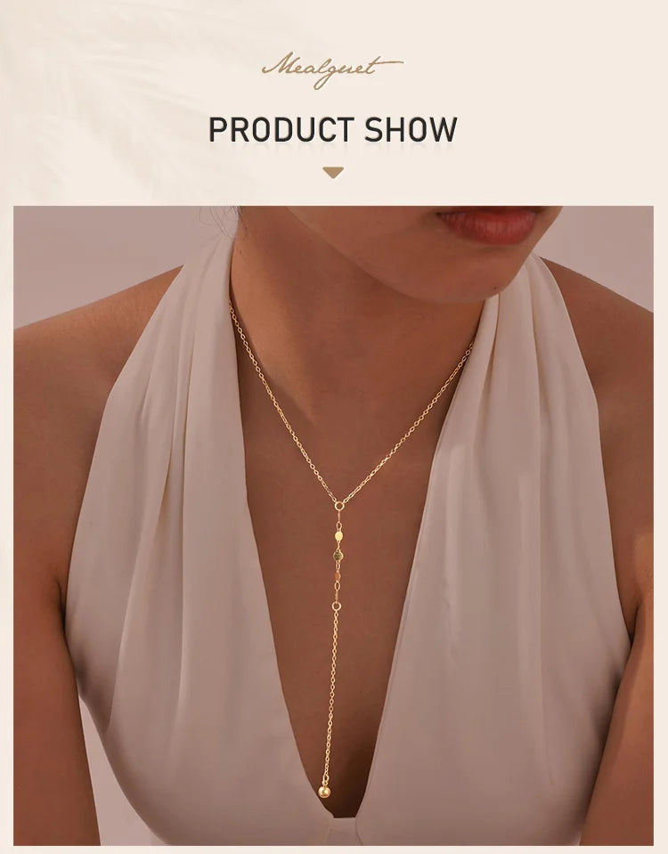 Lariat Necklace, Tiny Ball Pendant Y Drop Long Necklace For Women, Stainless Steel Gold Plated Jewelry Party Gifts by Reinvent Yourself