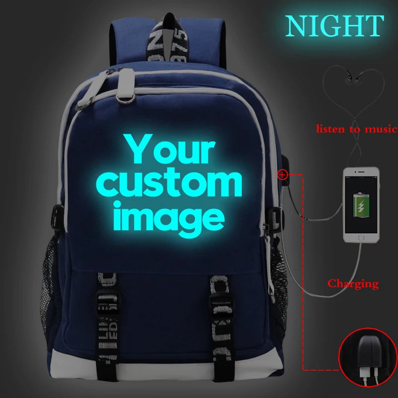 2022 Customize Your Logo Image School Bags Luminous Backpack Laptop Bag USB Charging Bookbag Teen Girls Backpacks Women Rucksack by Reinvent Yourself