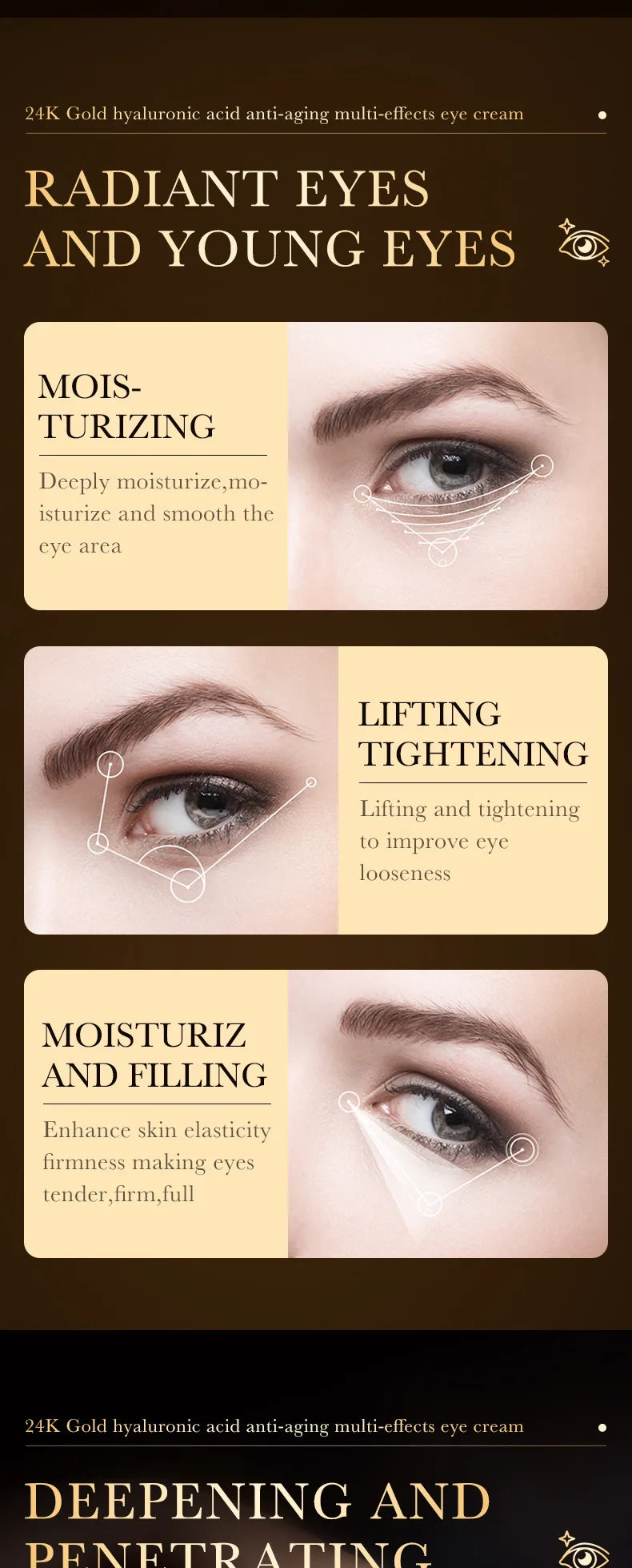 24k Gold Hyaluronic Acid Eye Cream Anti Dark Circles Eye Bags Firming Moisturizing Eyes Skin Care Prodcuts by Reinvent Yourself