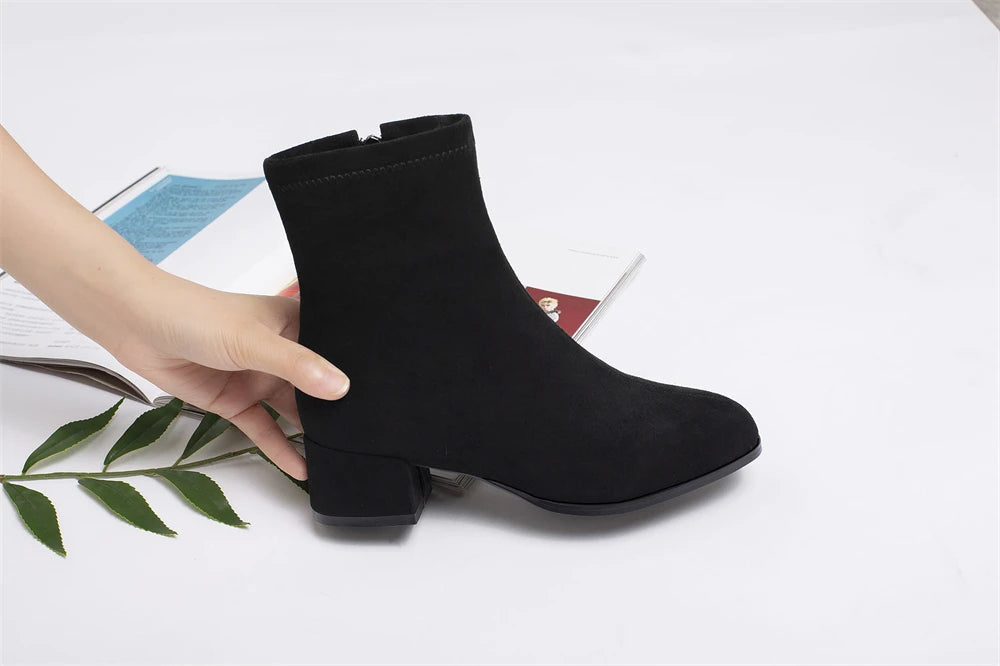 Woman Ankle Boots 2025 Autumn Winter Round Toe Low Heel Flock Black Comfortable Booties Lady Shoes Big Size 31 32 33 40 41 42 43 by Reinvent Yourself