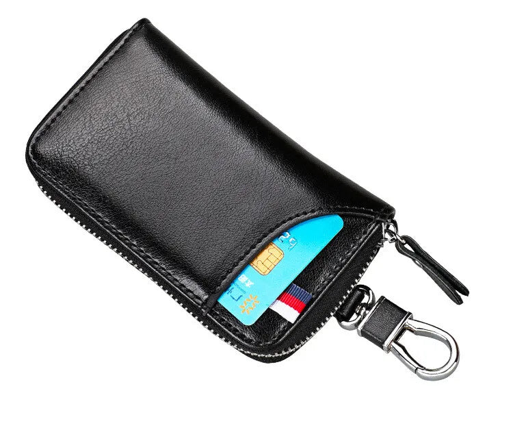 Cowhide Car Key Bag with Waist Hanging Keychain Men and Women Card Holder Smart Housekeeper Keys Portable Storage Zipper Pouch by Reinvent Yourself