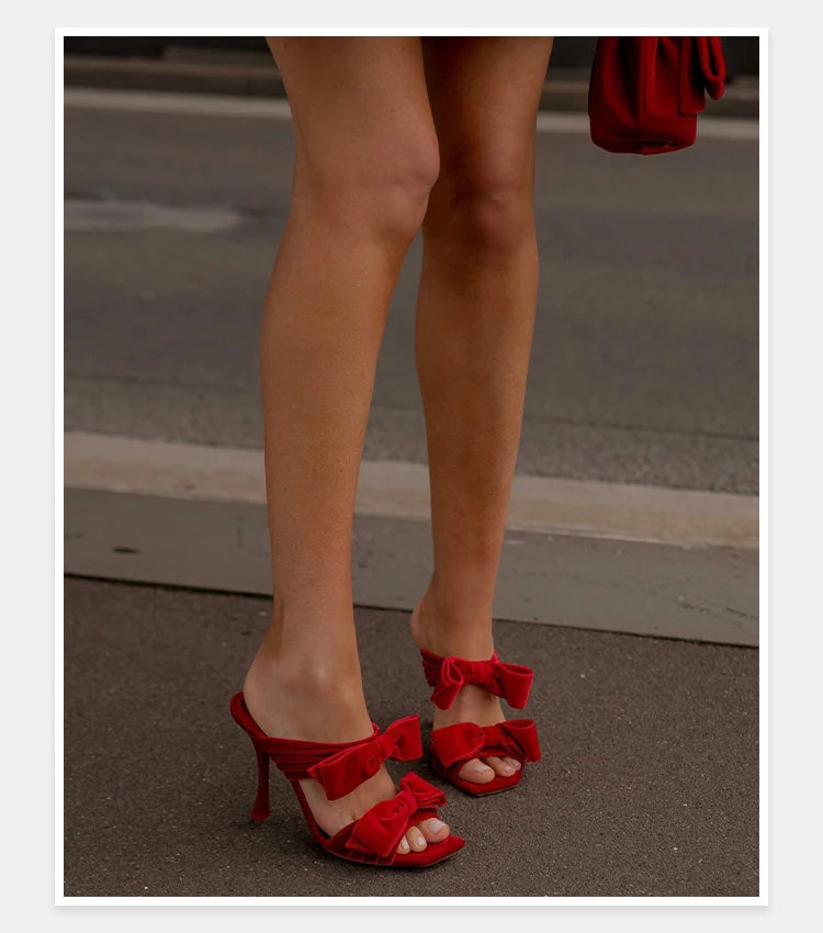 Bow Sugar Pink Pile Sandals 2024 New Lady Sandals Square Toe Open Toe Stiletto Black Heels by Reinvent Yourself