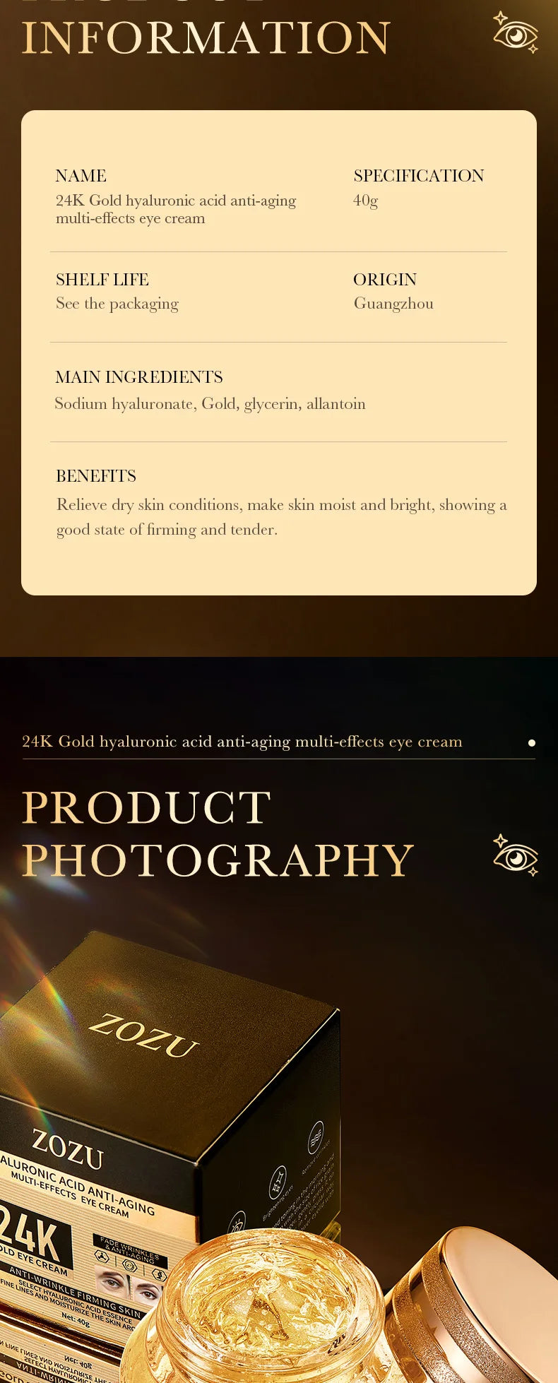24k Gold Hyaluronic Acid Eye Cream Anti Dark Circles Eye Bags Firming Moisturizing Eyes Skin Care Prodcuts by Reinvent Yourself