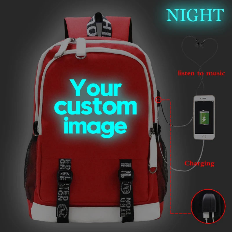 2022 Customize Your Logo Image School Bags Luminous Backpack Laptop Bag USB Charging Bookbag Teen Girls Backpacks Women Rucksack by Reinvent Yourself