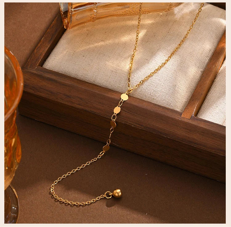 Lariat Necklace, Tiny Ball Pendant Y Drop Long Necklace For Women, Stainless Steel Gold Plated Jewelry Party Gifts by Reinvent Yourself