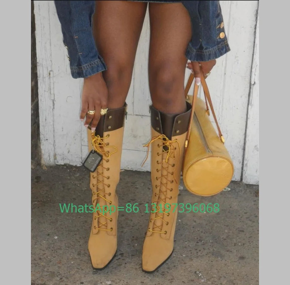 Lady denim canvas yellow runway knee boots causal running office lady dress boots size vintage lace-up new arrive pointed toe 43 by Reinvent Yourself