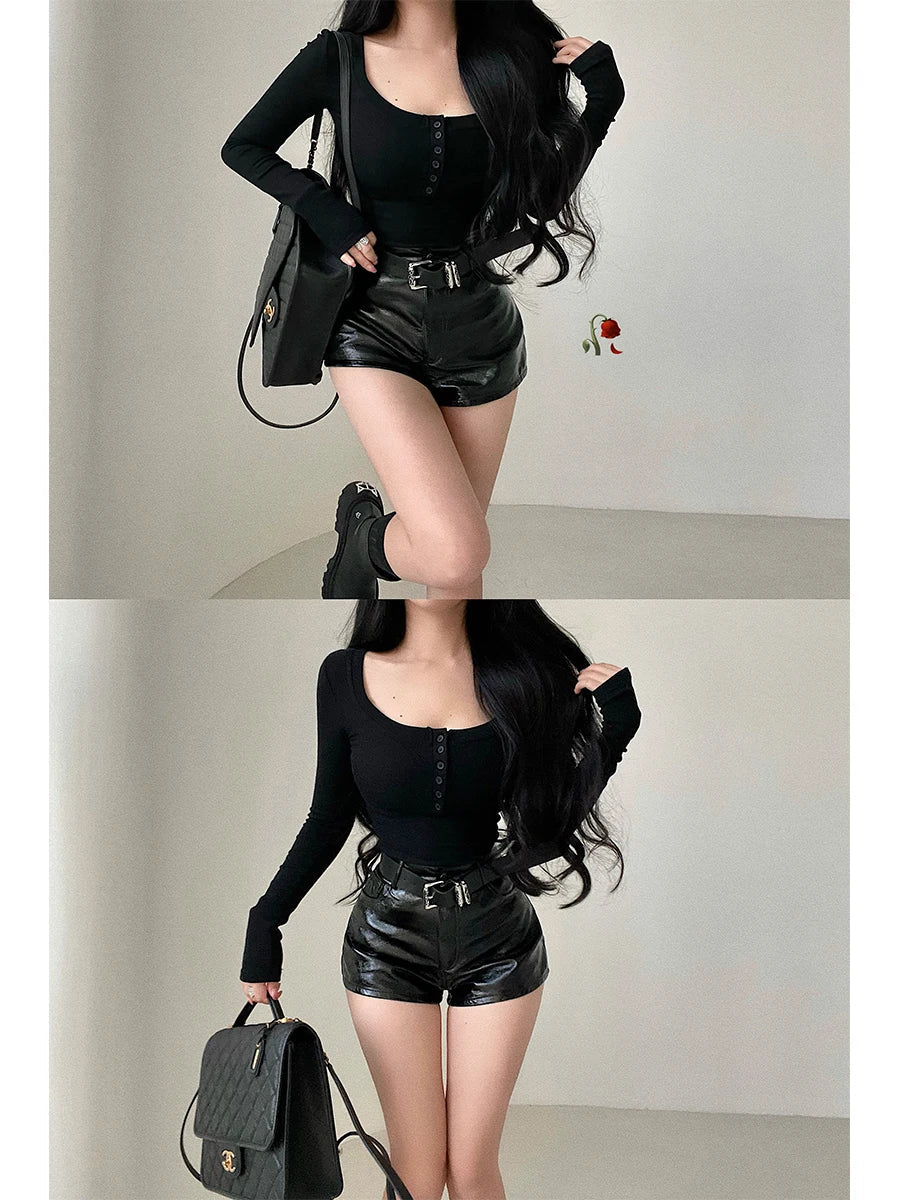 WOMENGAGA American Spicy Girl Shorts Sexy High Waist Tight Slim PU Leather Shorts Hot With Belt Trendy Fashion Spice Girls Y7EK by Reinvent Yourself