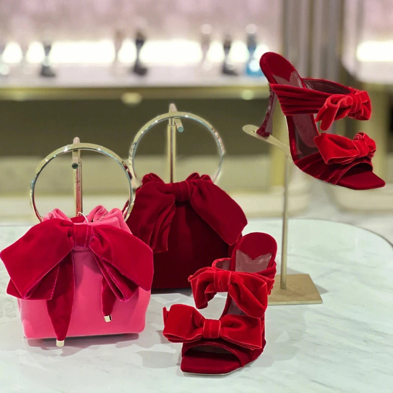 Bow Sugar Pink Pile Sandals 2024 New Lady Sandals Square Toe Open Toe Stiletto Black Heels by Reinvent Yourself