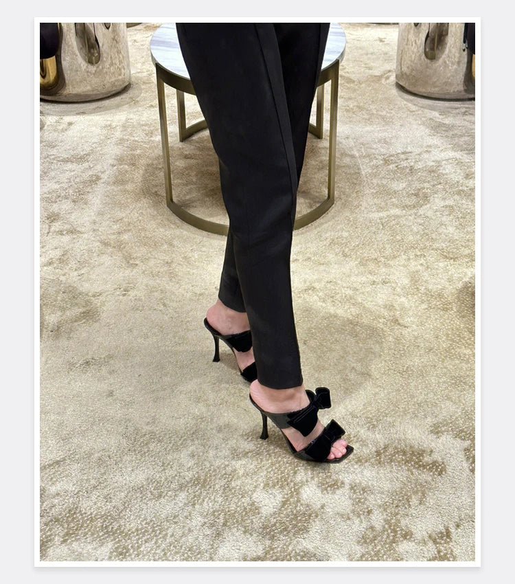 Bow Sugar Pink Pile Sandals 2024 New Lady Sandals Square Toe Open Toe Stiletto Black Heels by Reinvent Yourself
