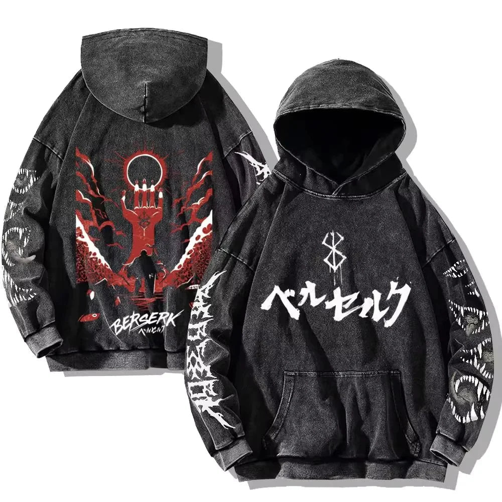 Anime Graphic Hoodie for Men Women Vintage Acid Wash Pullover Hooded Sweatshirt Harajuku Streetwear Casual Long Sleeve Tops - Reinvent Yourself