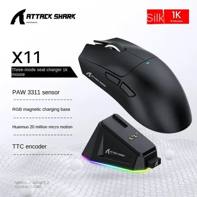 Attack Shark X11 Wireless Bluetooth Mouse RGB Triple Mode Magnetic Charging Dock PAW3311 Ultra Light Pitch Gaming Mouse - Reinvent Yourself
