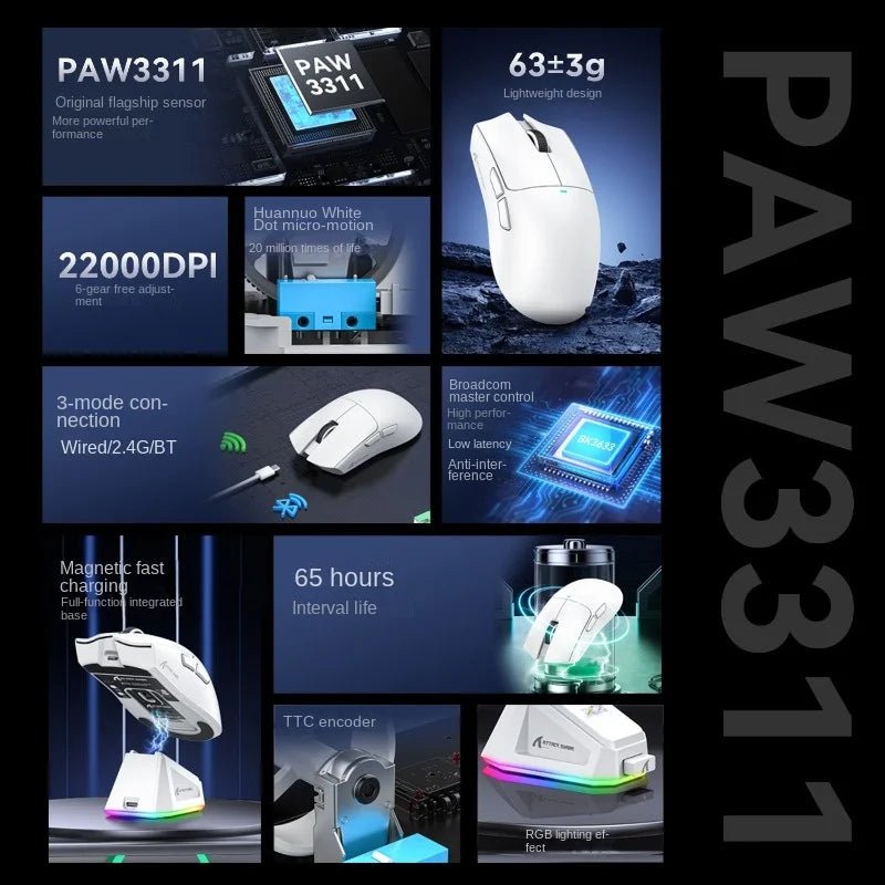Attack Shark X11 Wireless Bluetooth Mouse RGB Triple Mode Magnetic Charging Dock PAW3311 Ultra Light Pitch Gaming Mouse - Reinvent Yourself