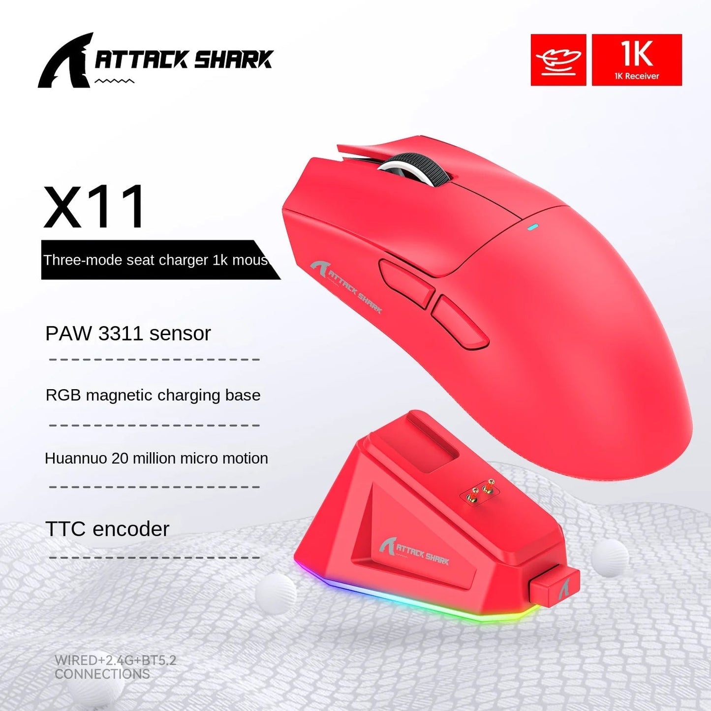 Attack Shark X11 Wireless Bluetooth Mouse RGB Triple Mode Magnetic Charging Dock PAW3311 Ultra Light Pitch Gaming Mouse - Reinvent Yourself