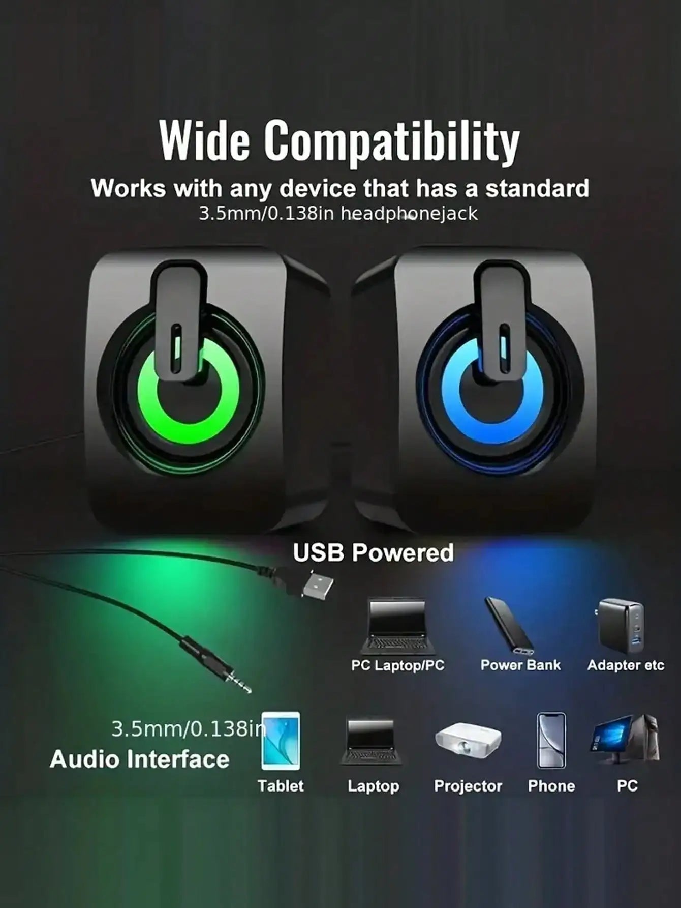 Desktop speakers powered by USB, with volume control LED lights, portable and battery-free - Reinvent Yourself
