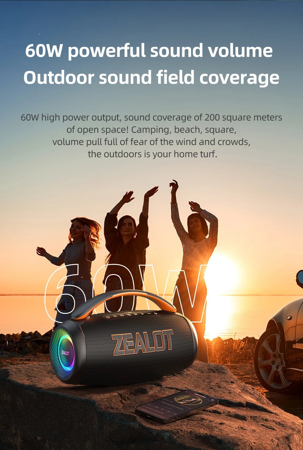Zealot-P12 Speaker 60W Portable Bluetooth Speaker with IPX6 Waterproof, Comfortable handle,Controllable lighting,TF,USB - Reinvent Yourself