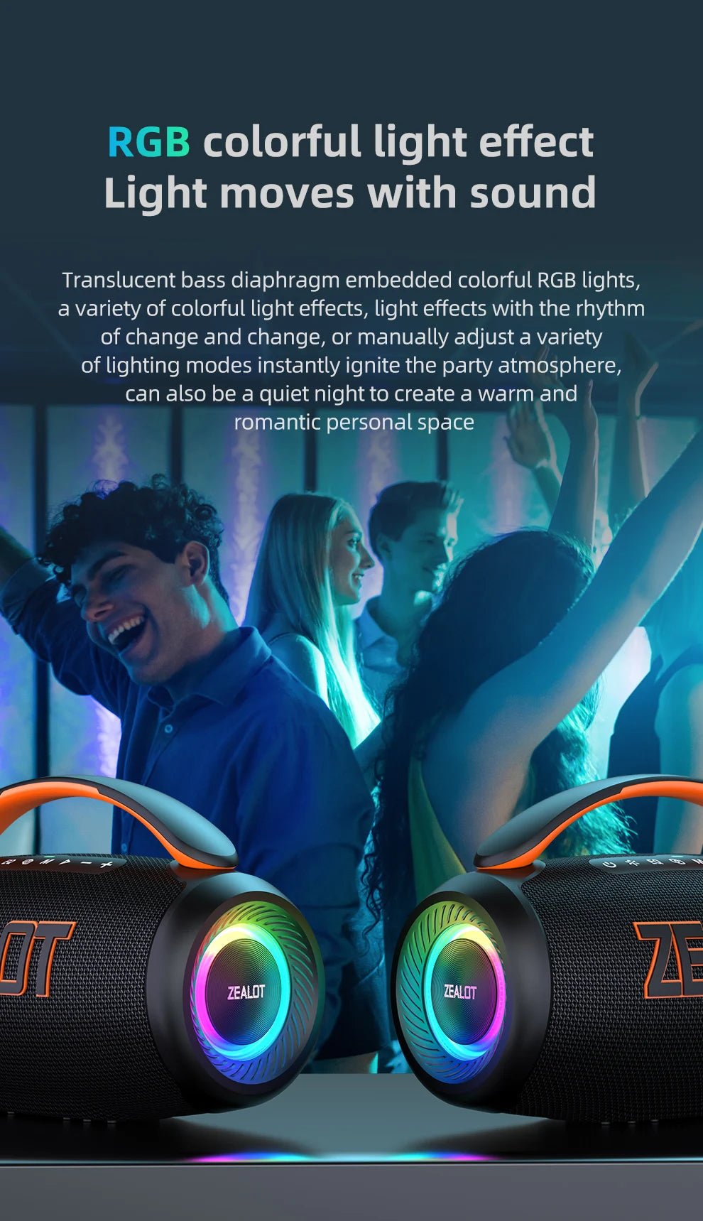 Zealot-P12 Speaker 60W Portable Bluetooth Speaker with IPX6 Waterproof, Comfortable handle,Controllable lighting,TF,USB - Reinvent Yourself
